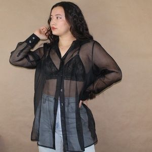 (366) vtg 90s sheer silk button down blouse
